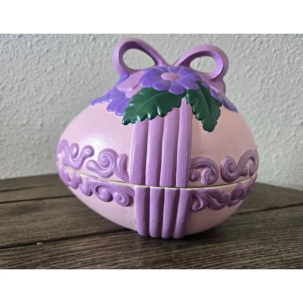 Vintage Ceramic Easter Egg Covered Candy Dish Flowers Purple Bow Scroll Ornate